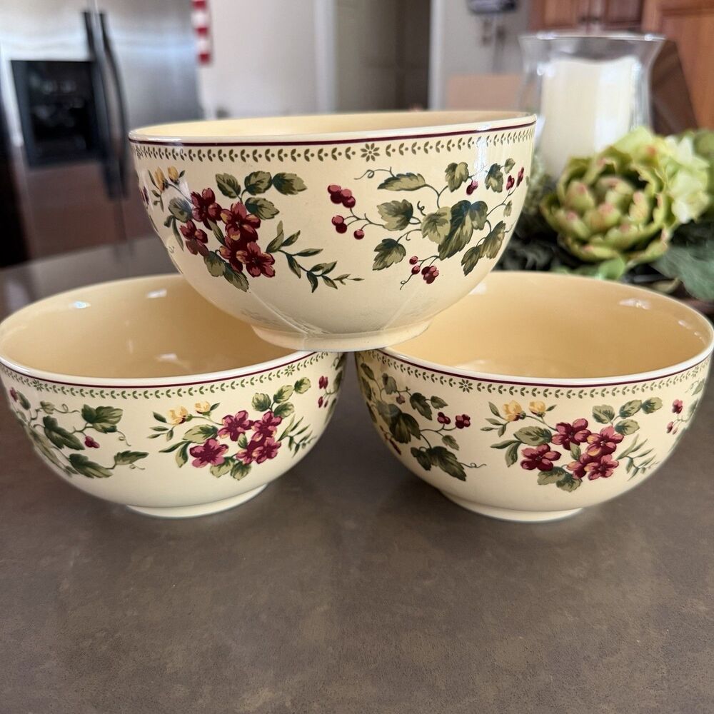Waverly Garden Room Floral Manor 3 Cereal Soup Bowls (6”) Poland Florals Leaves